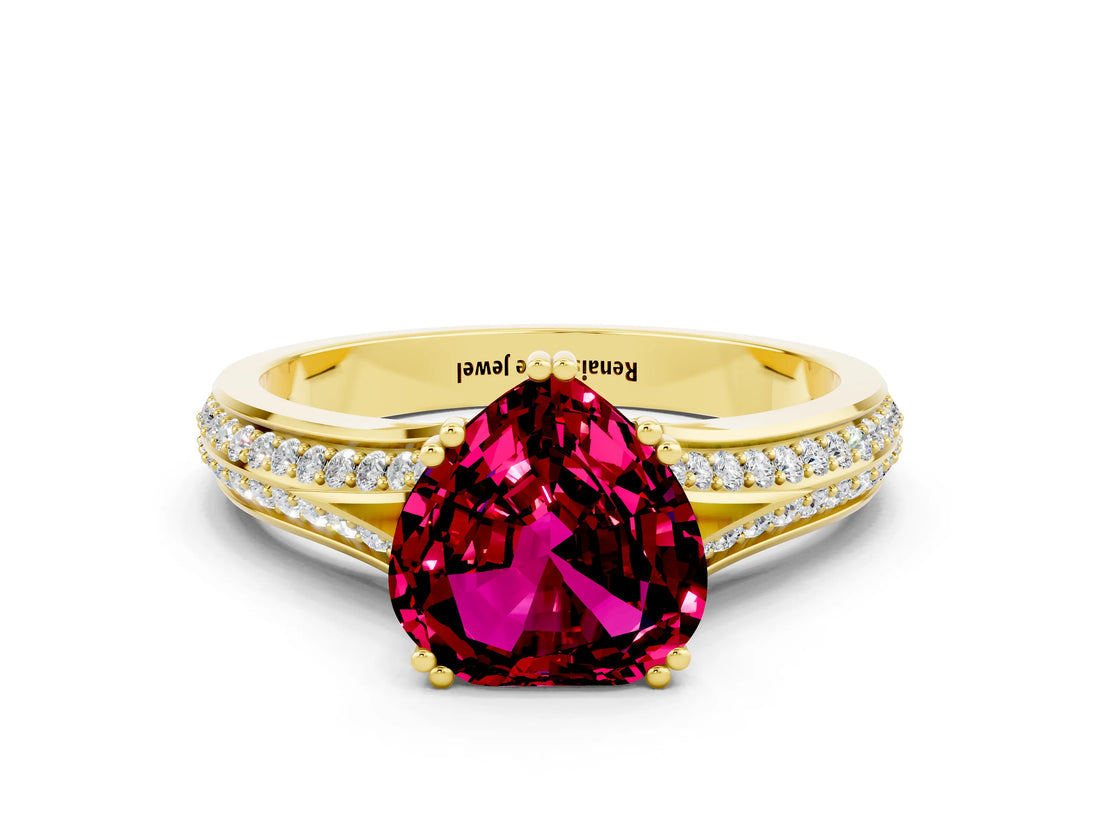 Yellow gold Heart Cut Garnet Split Shank Engagement Ring with Pavé Band