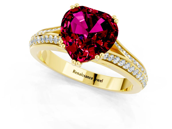 Yellow gold Heart Cut Garnet Split Shank Engagement Ring with Pavé Band