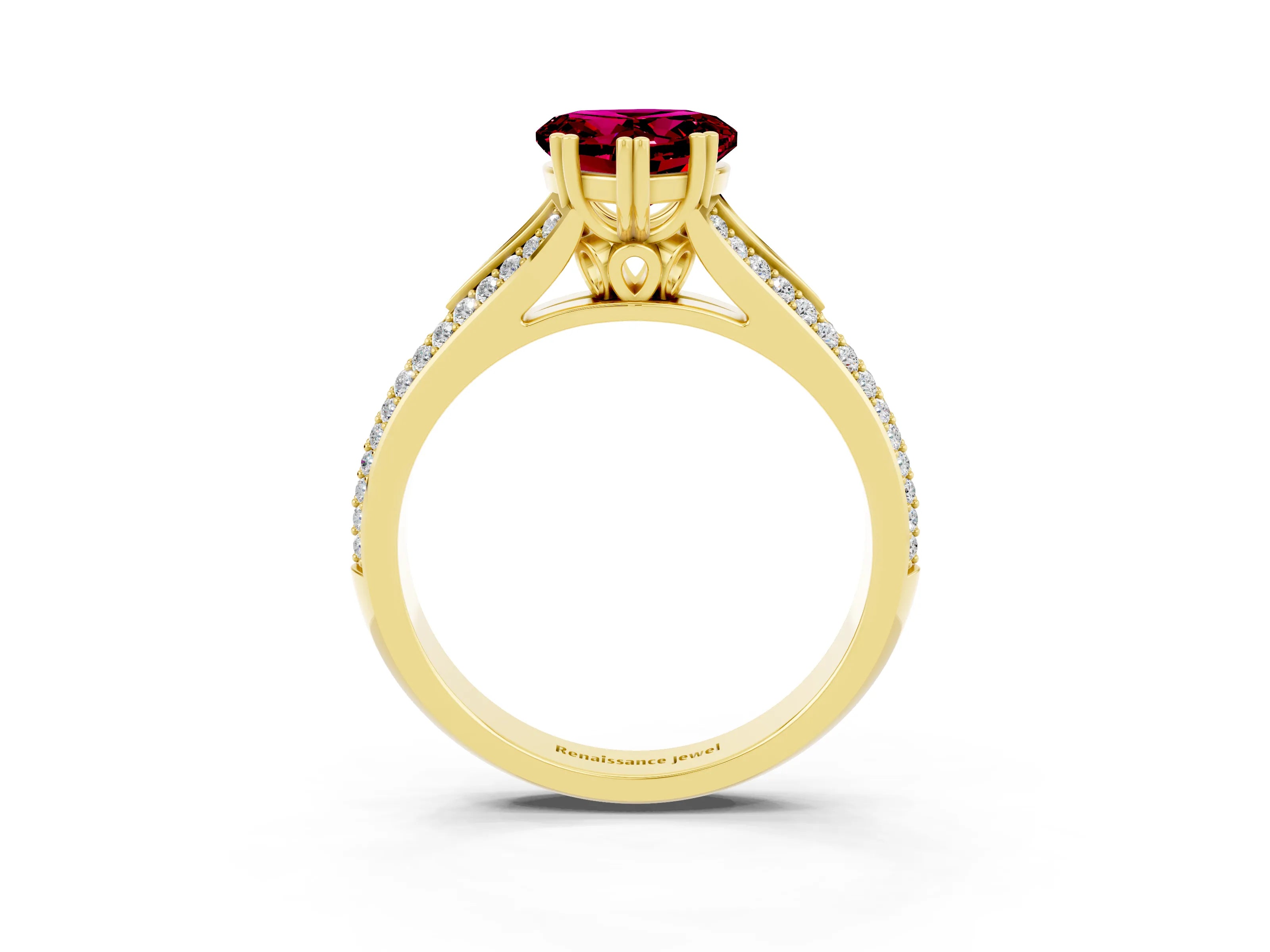 Yellow gold Heart Cut Garnet Split Shank Engagement Ring with Pavé Band_3