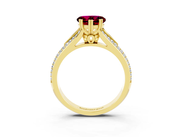 Yellow gold Heart Cut Garnet Split Shank Engagement Ring with Pavé Band