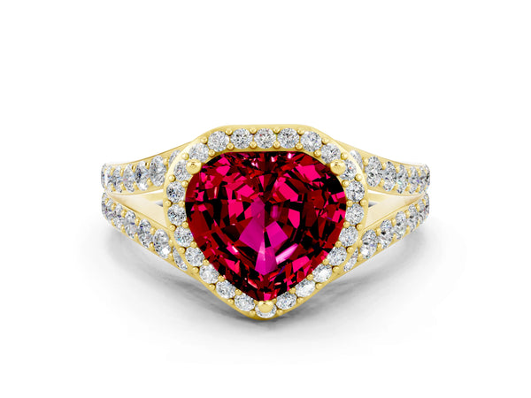 Yellow gold Heart Cut Garnet Split Shank Halo Ring with Four-Prong Setting