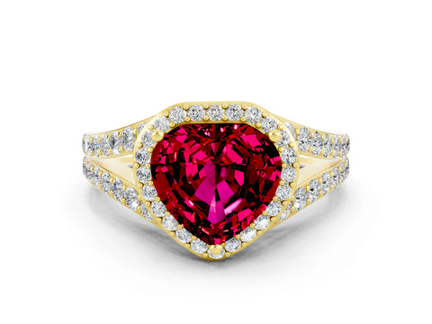 Yellow gold Heart Cut Garnet Split Shank Halo Ring with Four-Prong Setting_12
