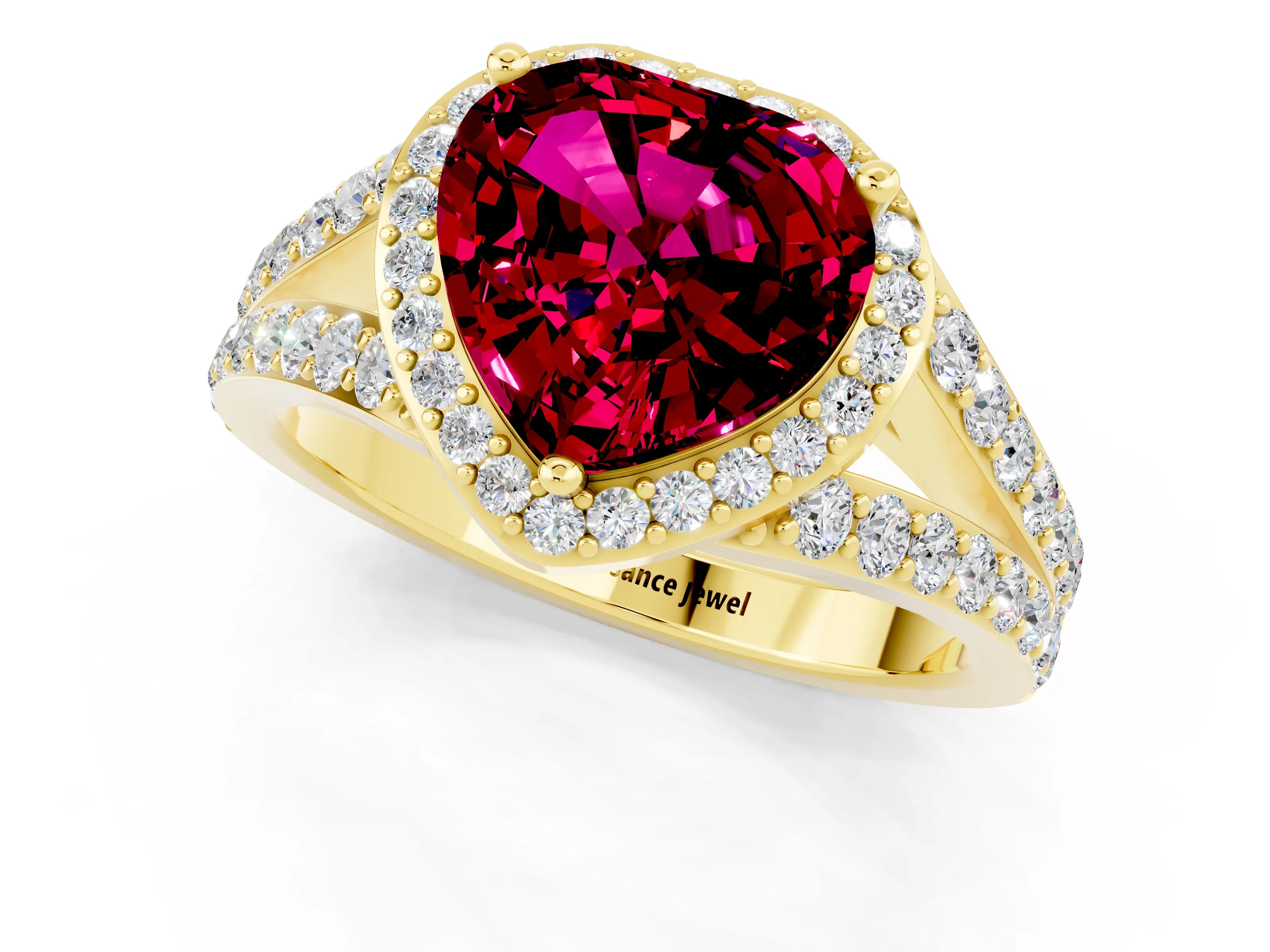 Yellow gold Heart Cut Garnet Split Shank Halo Ring with Four-Prong Setting_13