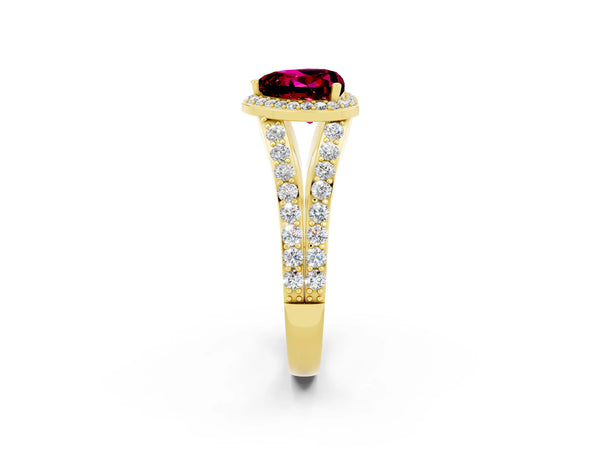 Yellow gold Heart Cut Garnet Split Shank Halo Ring with Four-Prong Setting