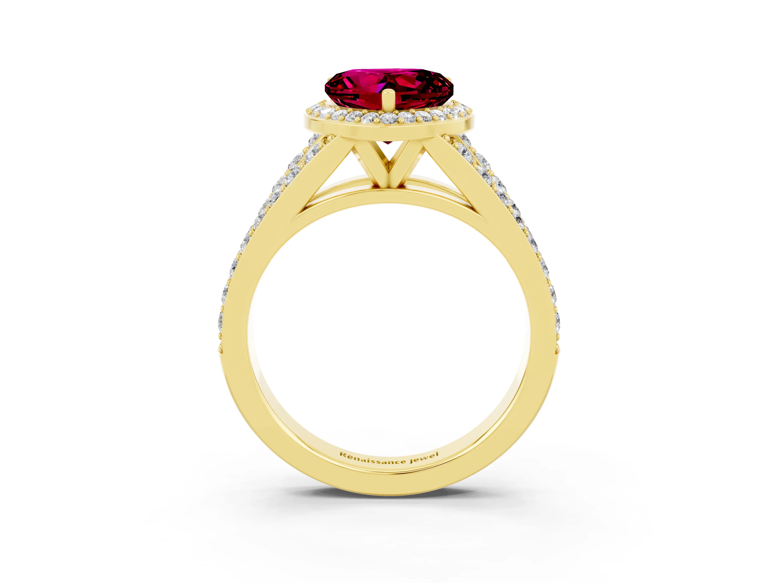 Yellow gold Heart Cut Garnet Split Shank Halo Ring with Four-Prong Setting_15