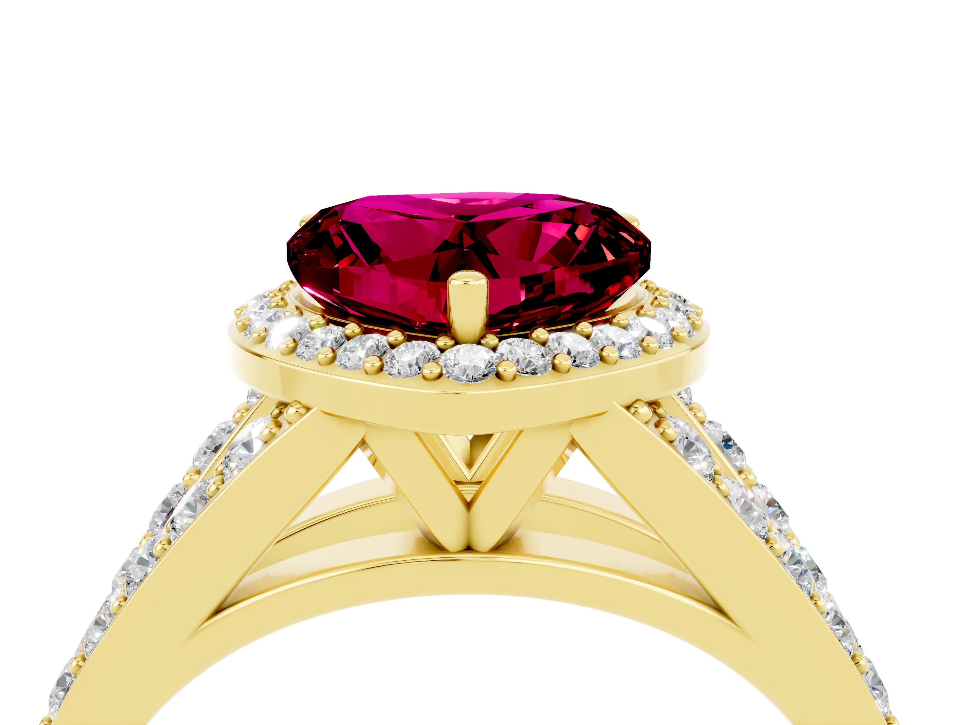 Yellow gold Heart Cut Garnet Split Shank Halo Ring with Four-Prong Setting_16