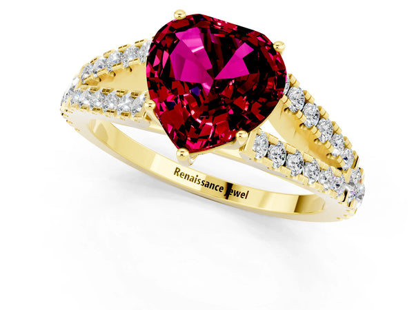 Yellow gold Heart Cut Garnet Split Shank Pavé Engagement Ring with Four-Prong Setting