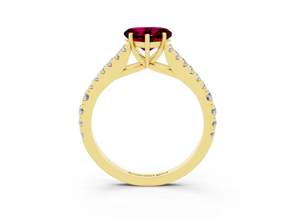 Yellow gold Heart Cut Garnet Split Shank Pavé Engagement Ring with Four-Prong Setting
