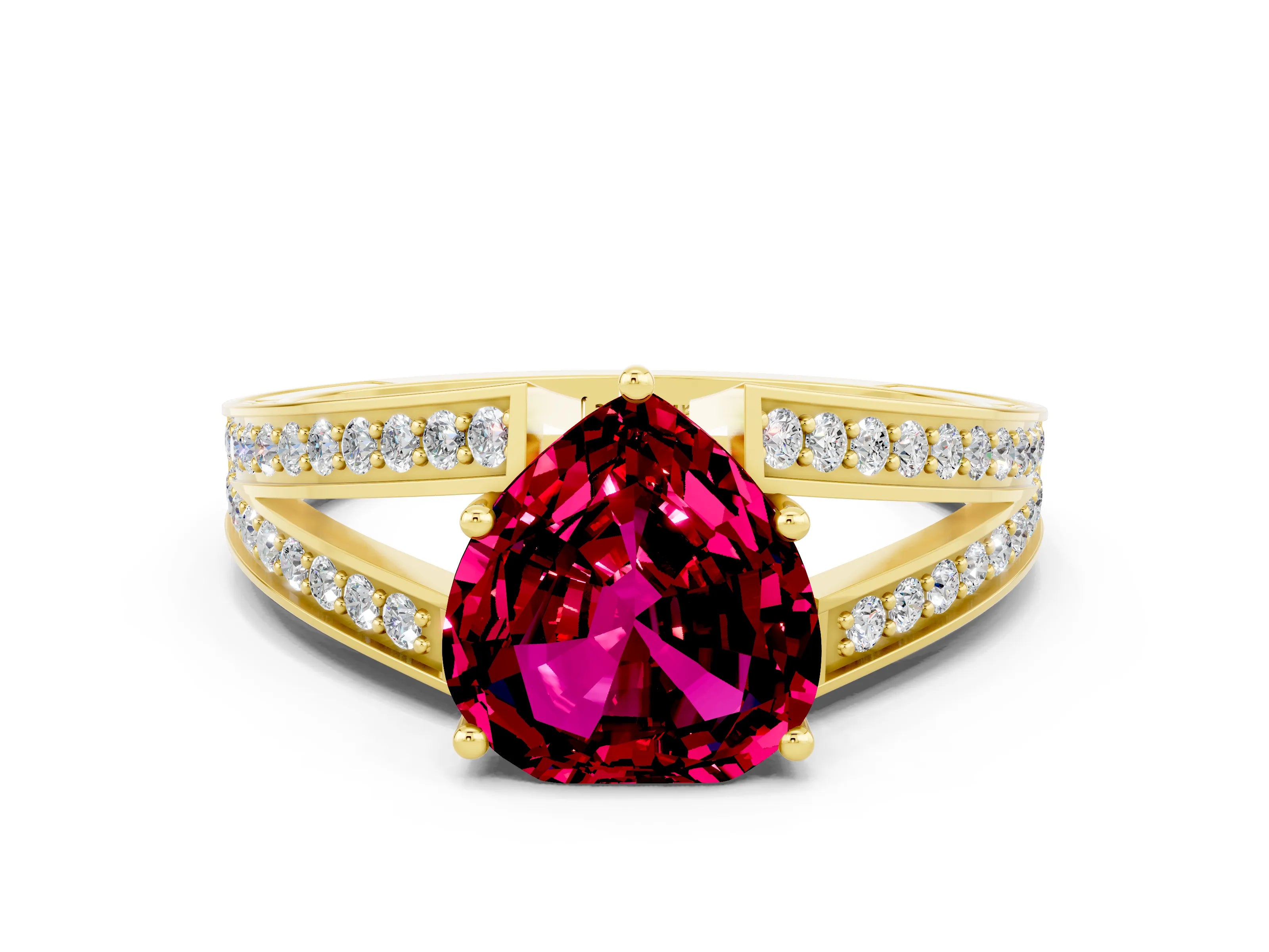 Yellow gold Heart Cut Garnet Split Shank Ring with Pavé Band and Four-Prong Setting