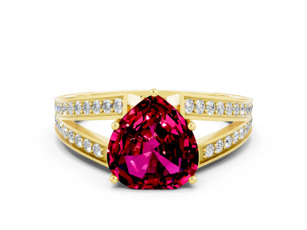 Yellow gold Heart Cut Garnet Split Shank Ring with Pavé Band and Four-Prong Setting