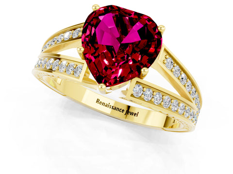 Yellow gold Heart Cut Garnet Split Shank Ring with Pavé Band and Four-Prong Setting_1