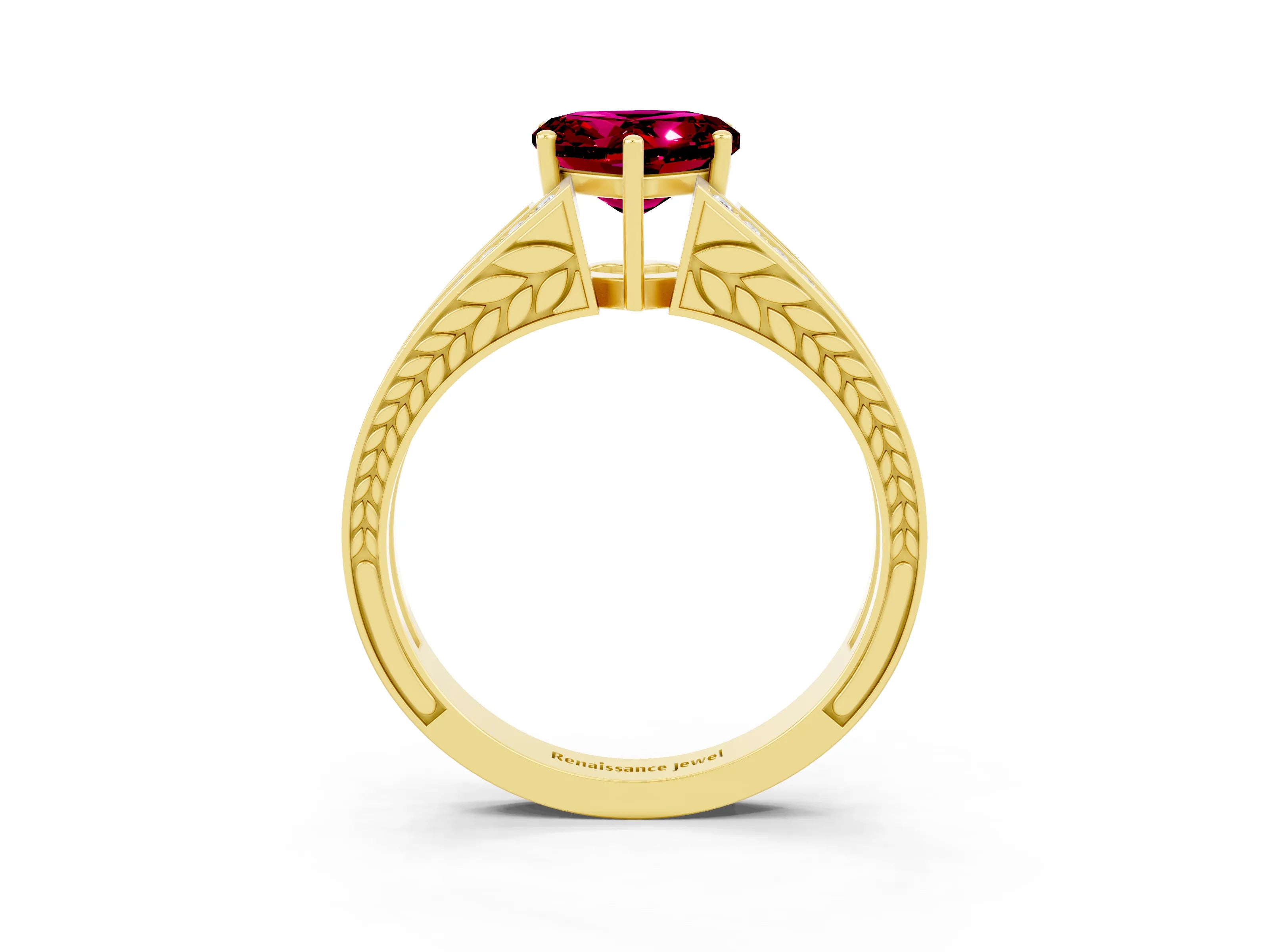Yellow gold Heart Cut Garnet Split Shank Ring with Pavé Band and Four-Prong Setting_3