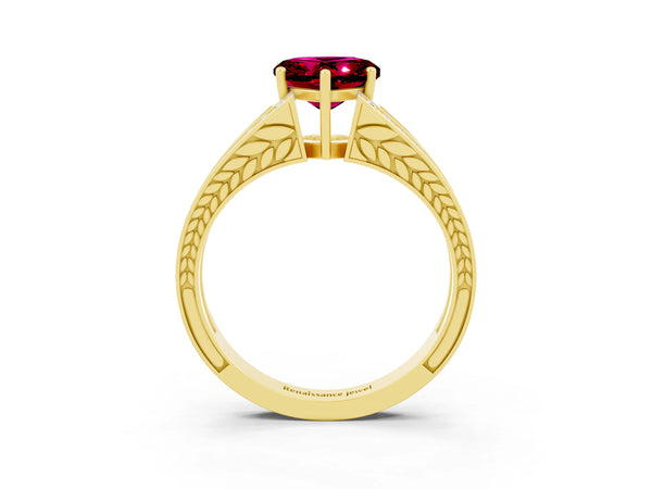 Yellow gold Heart Cut Garnet Split Shank Ring with Pavé Band and Four-Prong Setting