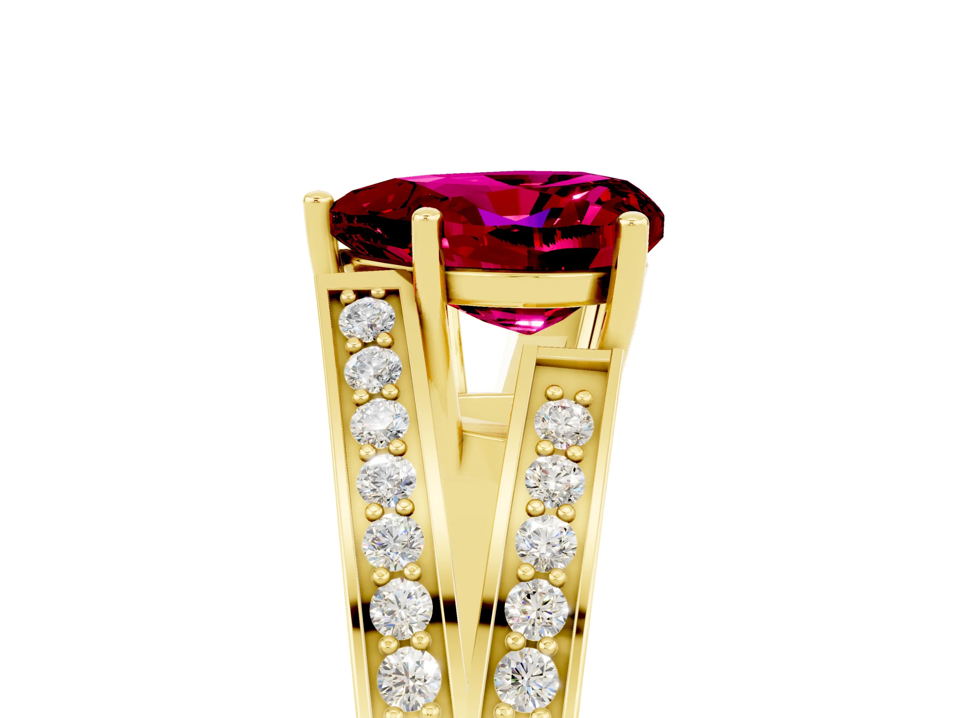 Yellow gold Heart Cut Garnet Split Shank Ring with Pavé Band and Four-Prong Setting_5