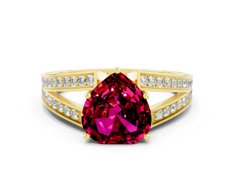 Yellow gold Heart Cut Garnet Split Shank Ring with Pavé Band and Four-Prong Setting