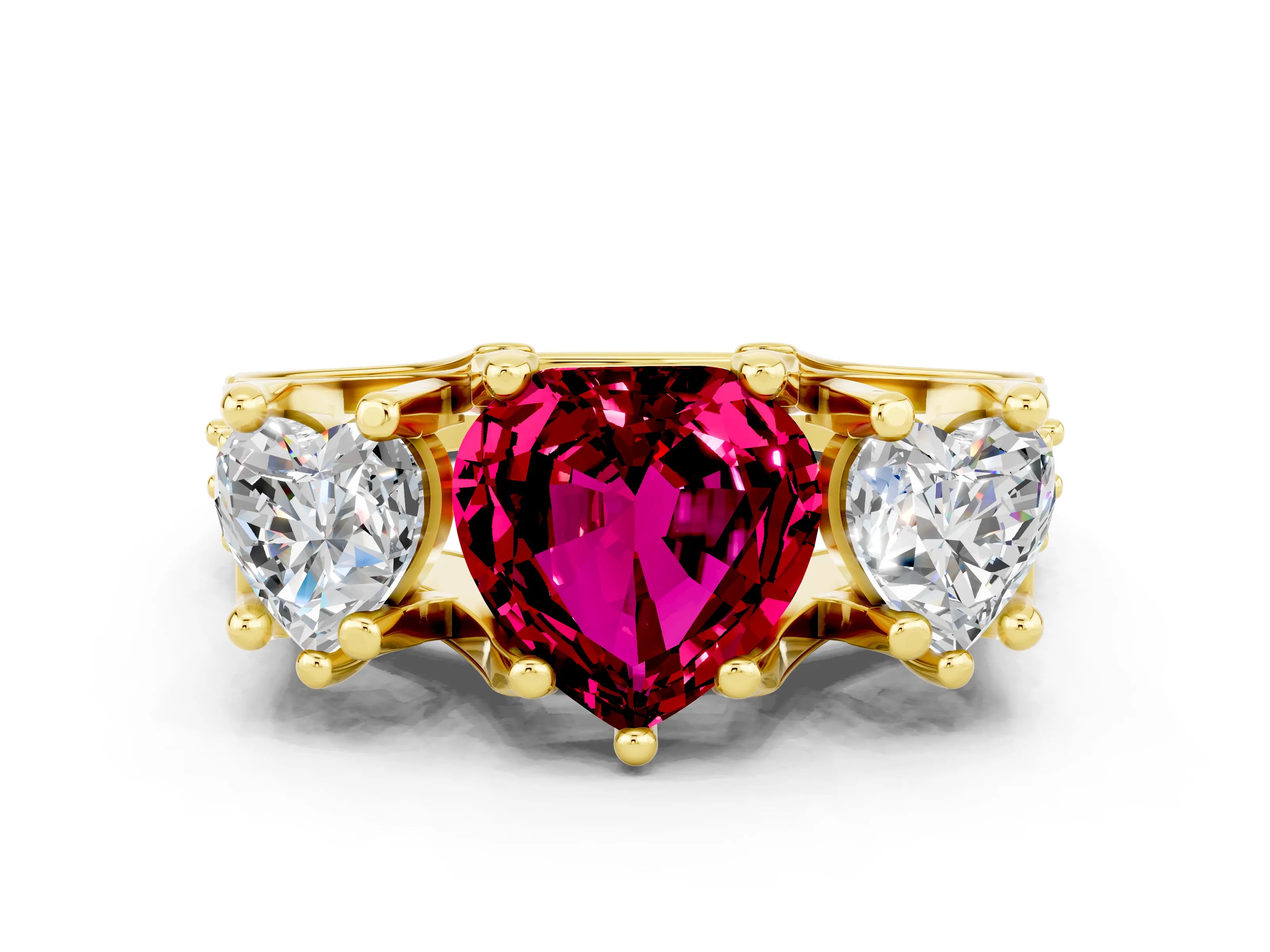 Yellow gold Heart Cut Garnet Three-Stone Ring with Channel Set Band and Four-Prong Setting
