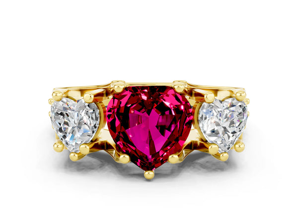 Yellow gold Heart Cut Garnet Three-Stone Ring with Channel Set Band and Four-Prong Setting