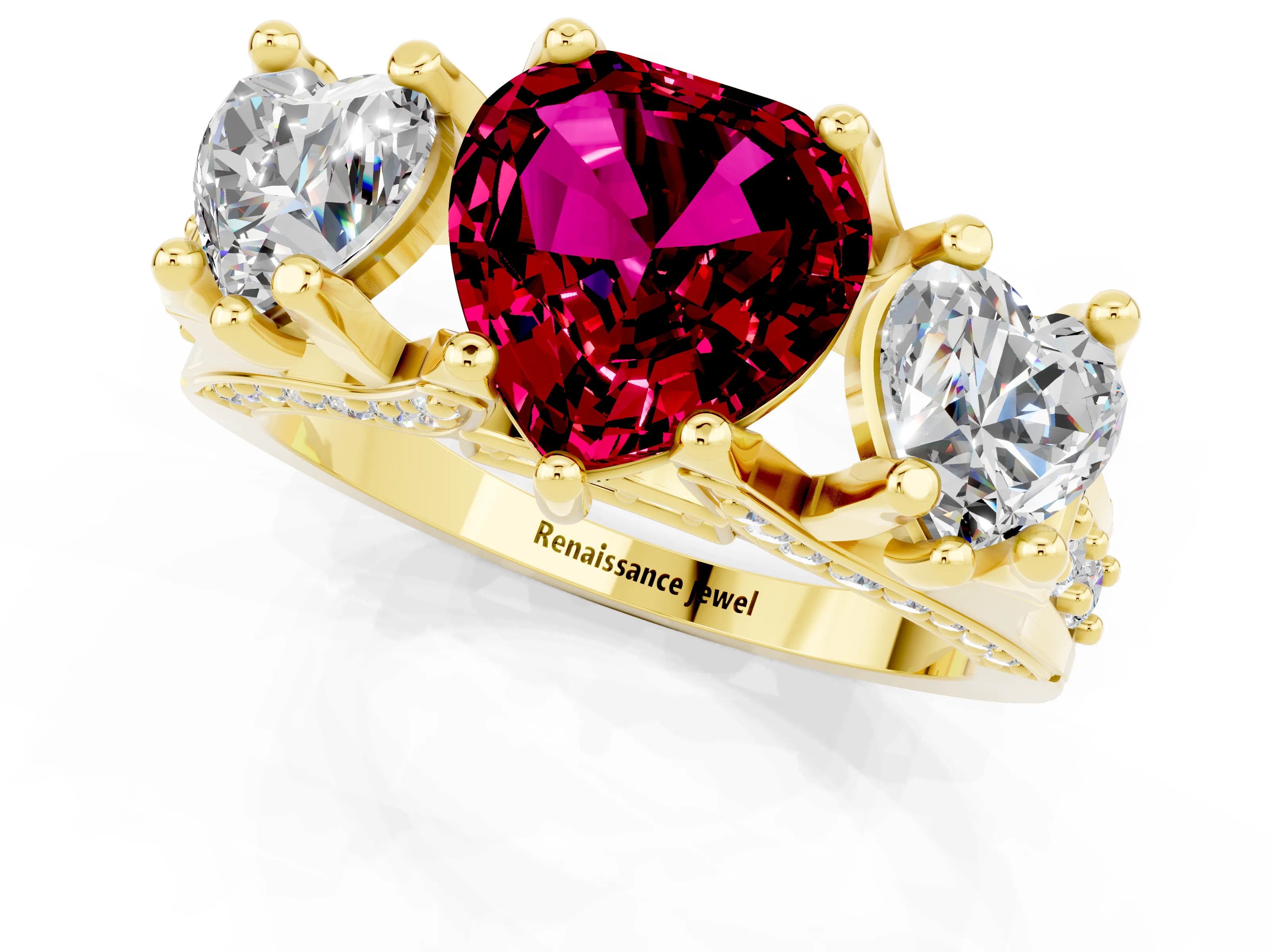Yellow gold Heart Cut Garnet Three-Stone Ring with Channel Set Band and Four-Prong Setting_1