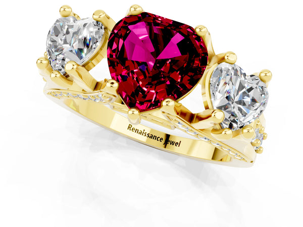 Yellow gold Heart Cut Garnet Three-Stone Ring with Channel Set Band and Four-Prong Setting