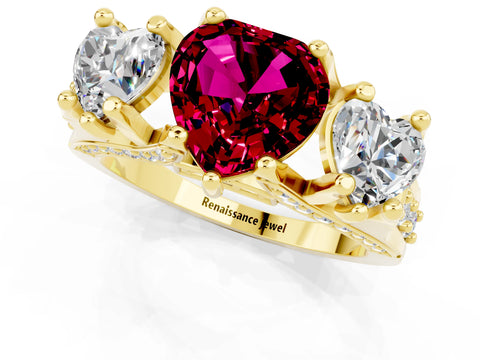 Yellow gold Heart Cut Garnet Three-Stone Ring with Channel Set Band and Four-Prong Setting_1