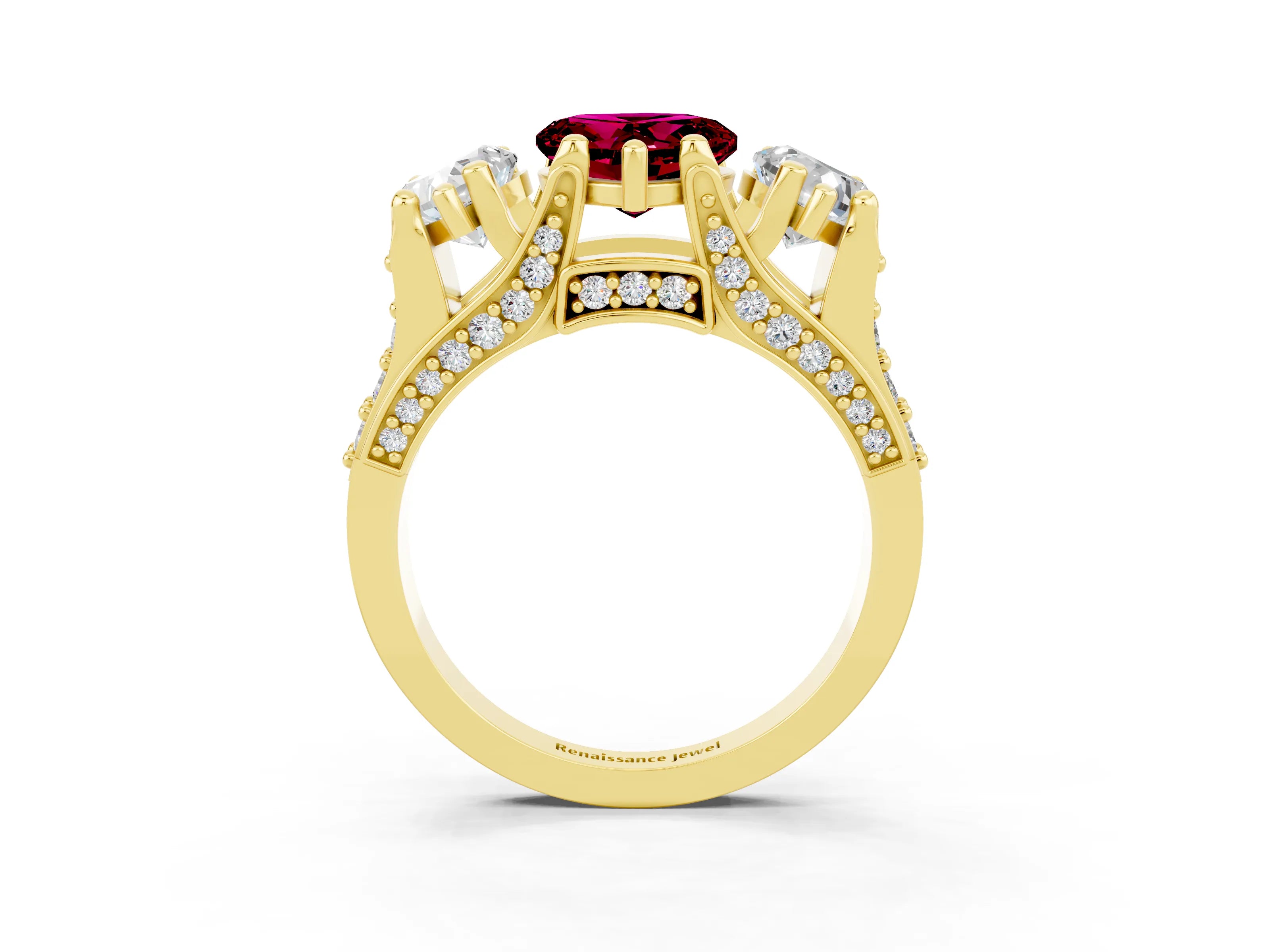 Yellow gold Heart Cut Garnet Three-Stone Ring with Channel Set Band and Four-Prong Setting_3