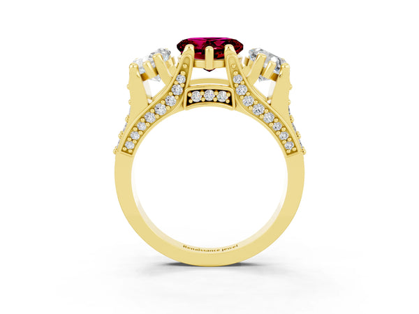 Yellow gold Heart Cut Garnet Three-Stone Ring with Channel Set Band and Four-Prong Setting