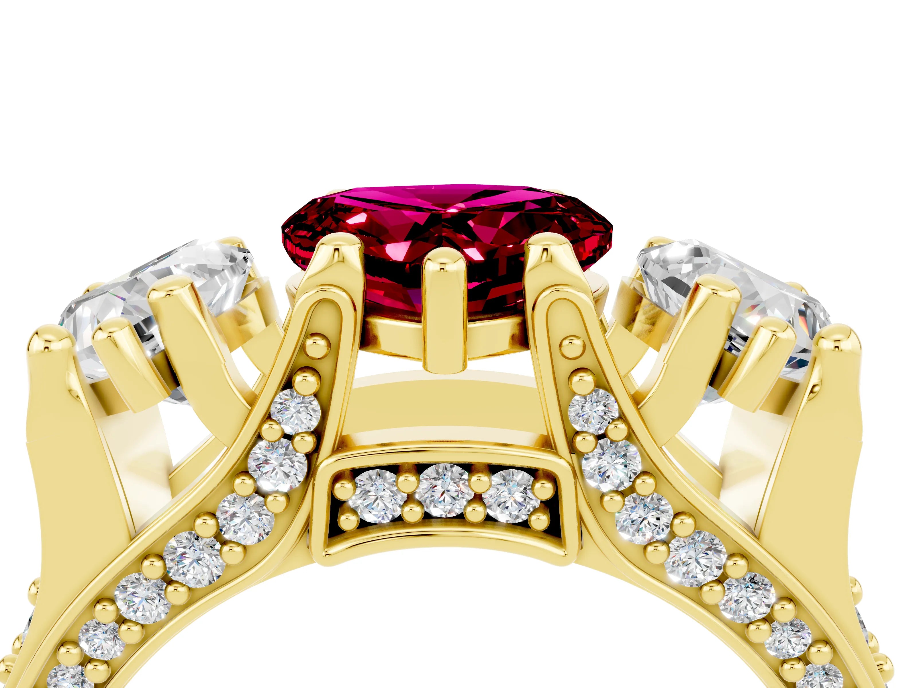 Yellow gold Heart Cut Garnet Three-Stone Ring with Channel Set Band and Four-Prong Setting_4