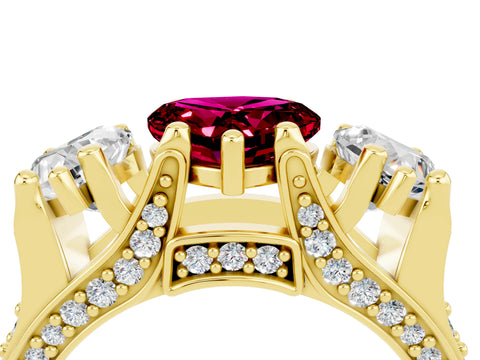 Yellow gold Heart Cut Garnet Three-Stone Ring with Channel Set Band and Four-Prong Setting_4