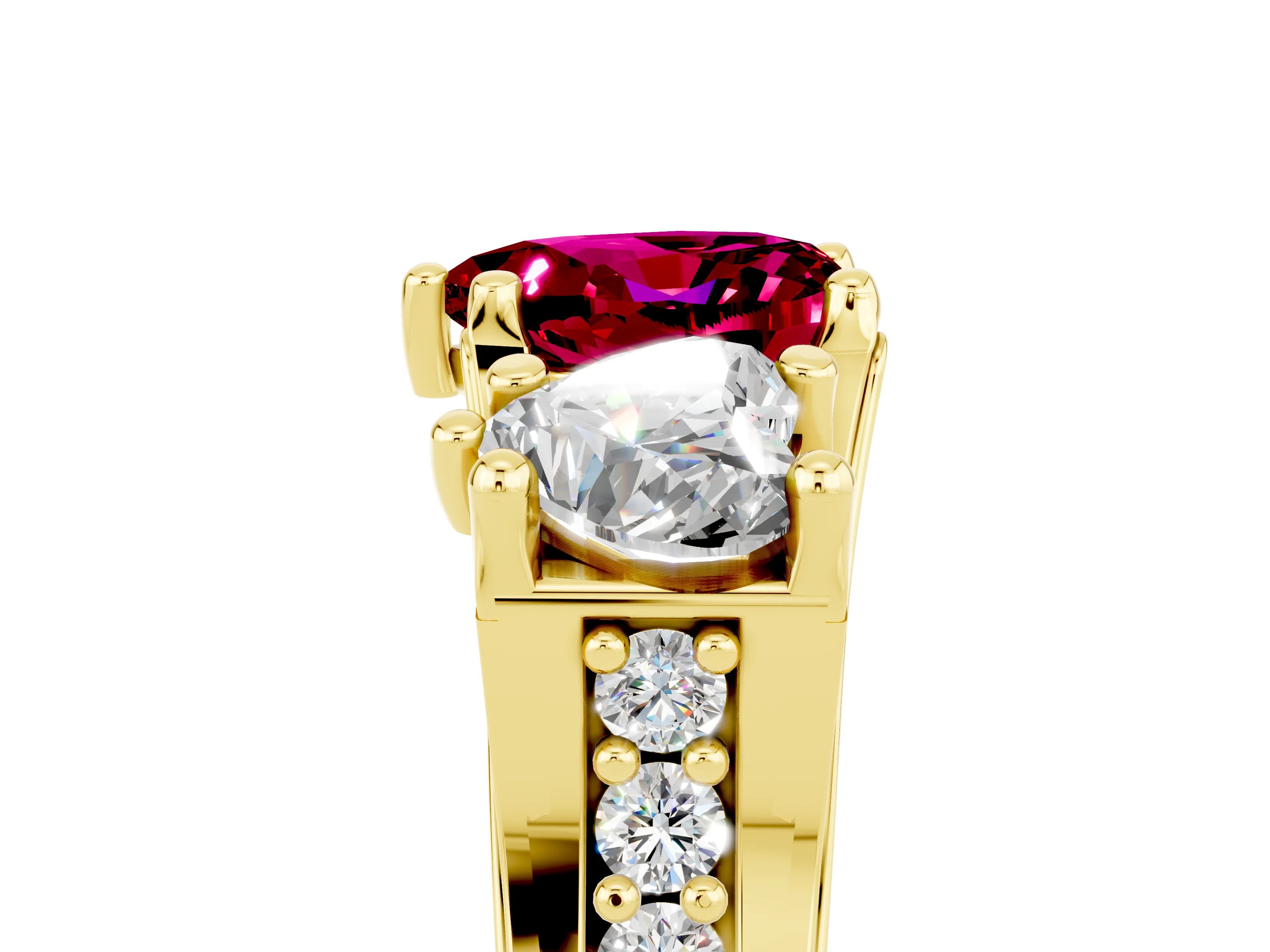 Yellow gold Heart Cut Garnet Three-Stone Ring with Channel Set Band and Four-Prong Setting_5