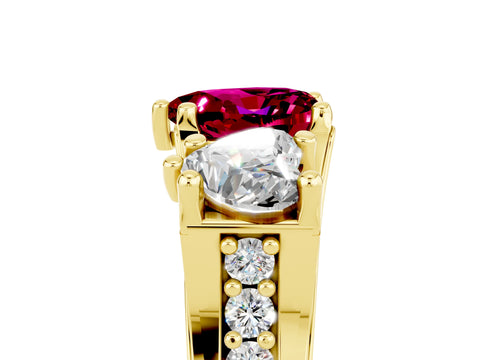 Yellow gold Heart Cut Garnet Three-Stone Ring with Channel Set Band and Four-Prong Setting_5