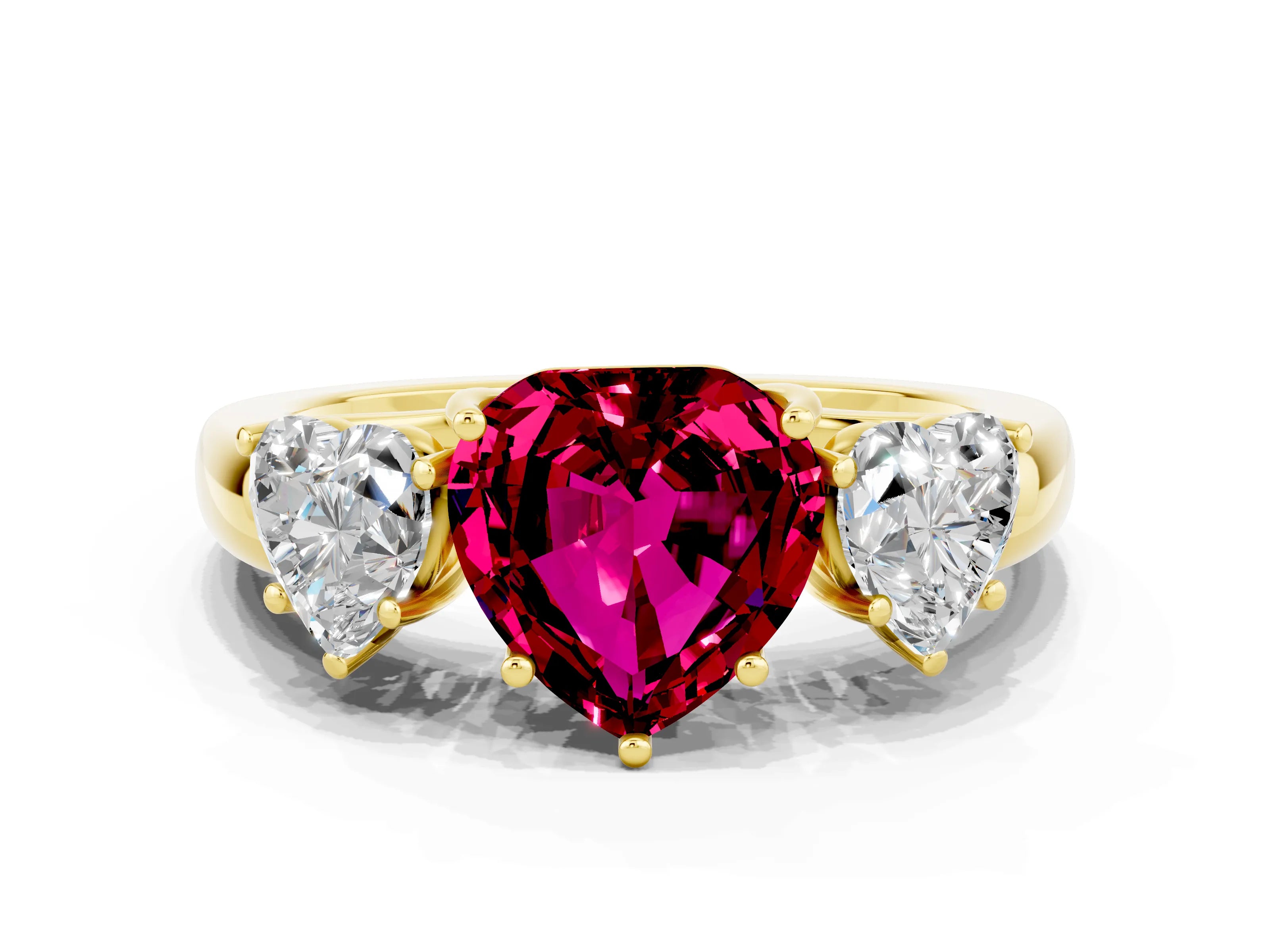 Yellow gold Heart Cut Garnet Three-Stone Ring with Four-Prong Setting and Classic Band