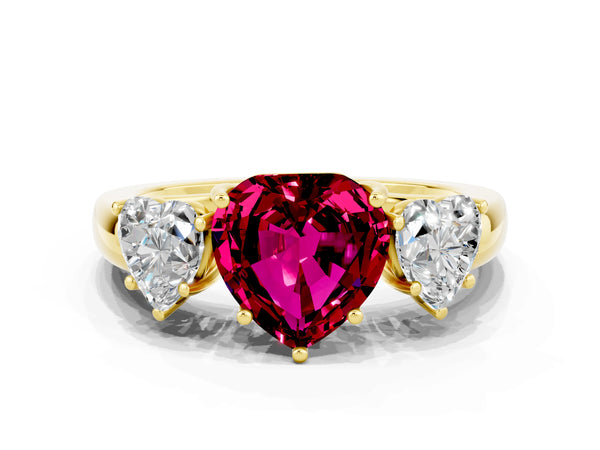 Yellow gold Heart Cut Garnet Three-Stone Ring with Four-Prong Setting and Classic Band
