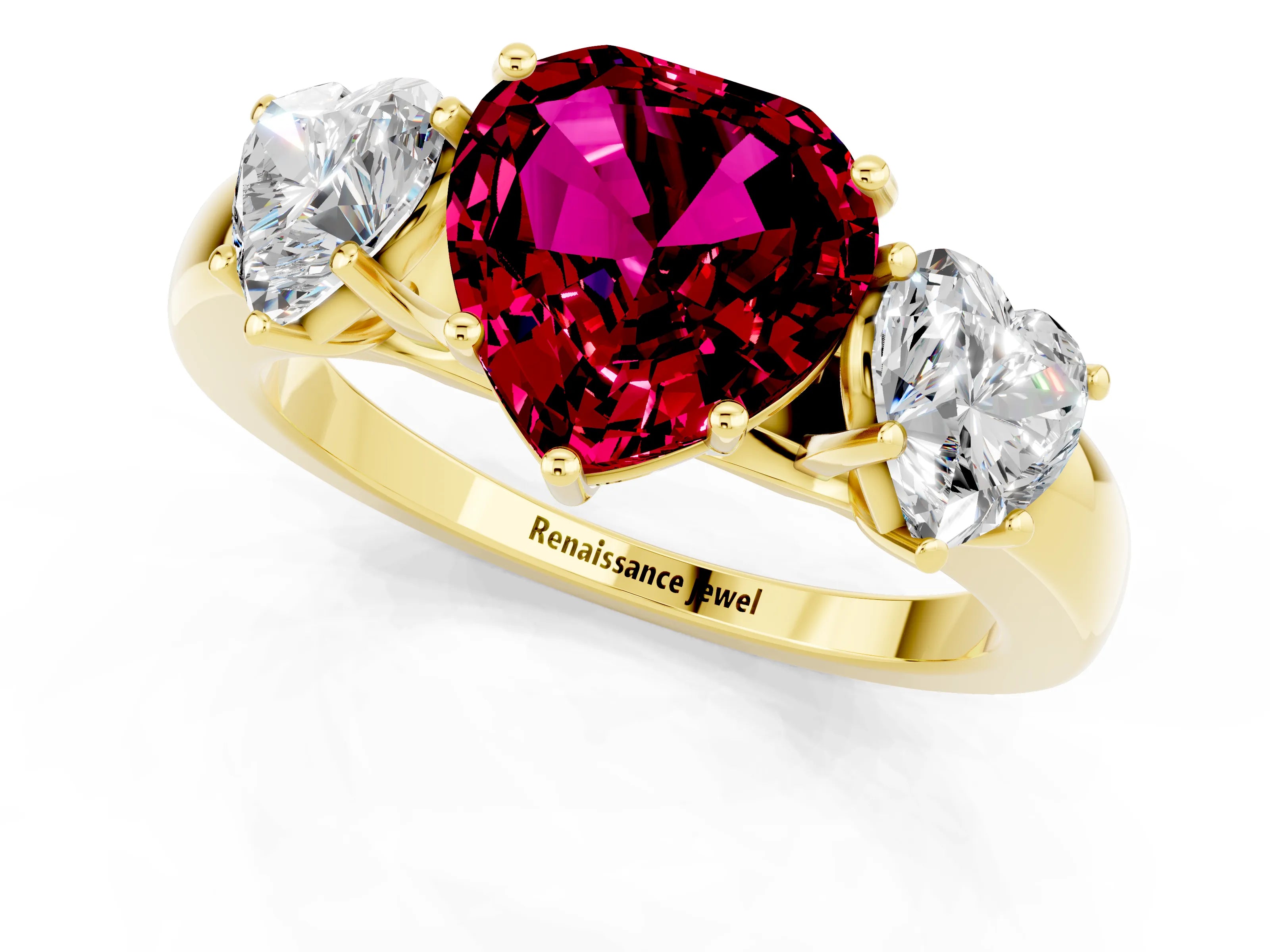 Yellow gold Heart Cut Garnet Three-Stone Ring with Four-Prong Setting and Classic Band_1