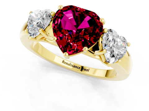 Yellow gold Heart Cut Garnet Three-Stone Ring with Four-Prong Setting and Classic Band_1