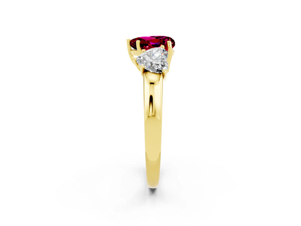 Yellow gold Heart Cut Garnet Three-Stone Ring with Four-Prong Setting and Classic Band