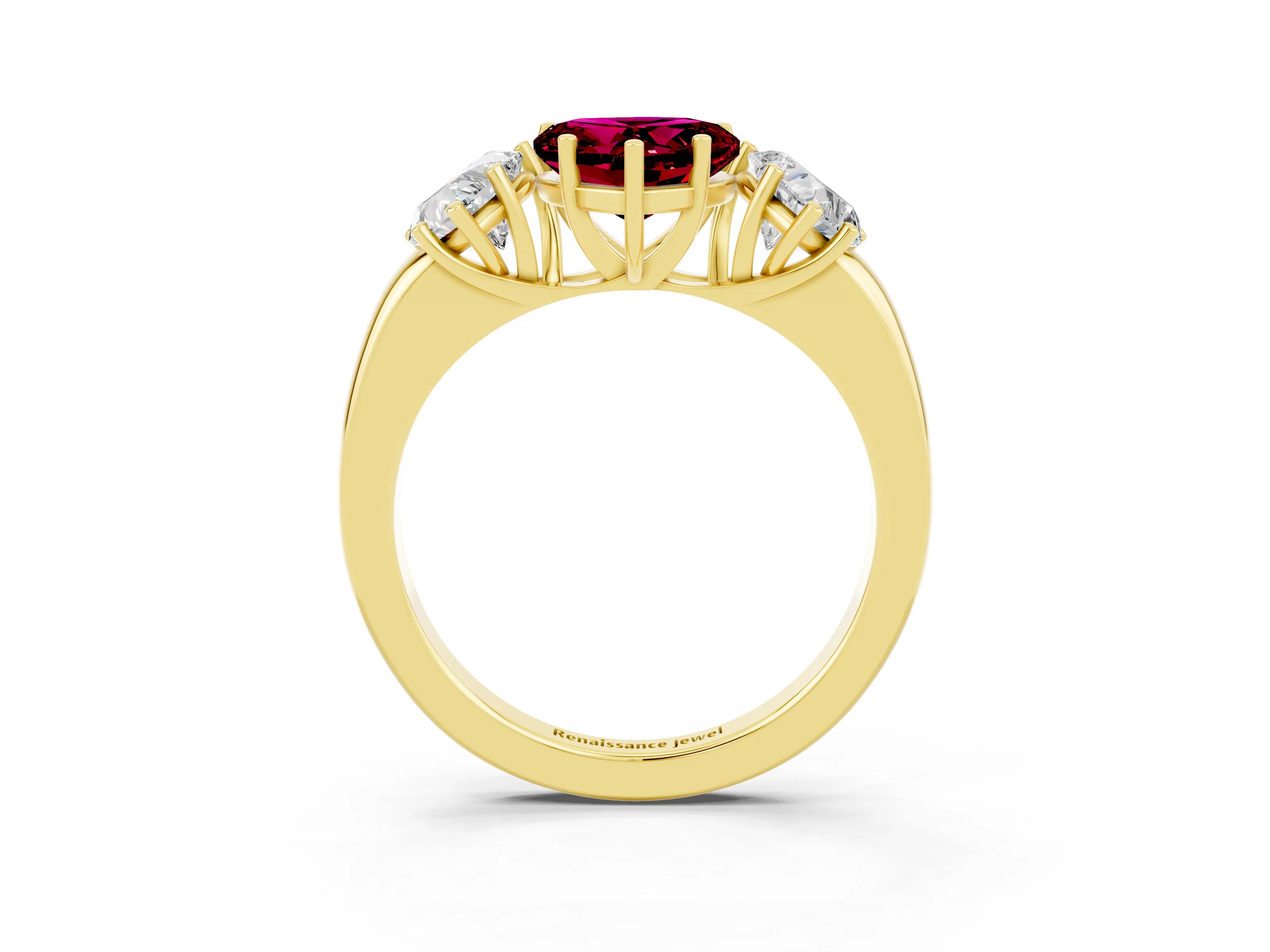 Yellow gold Heart Cut Garnet Three-Stone Ring with Four-Prong Setting and Classic Band_3