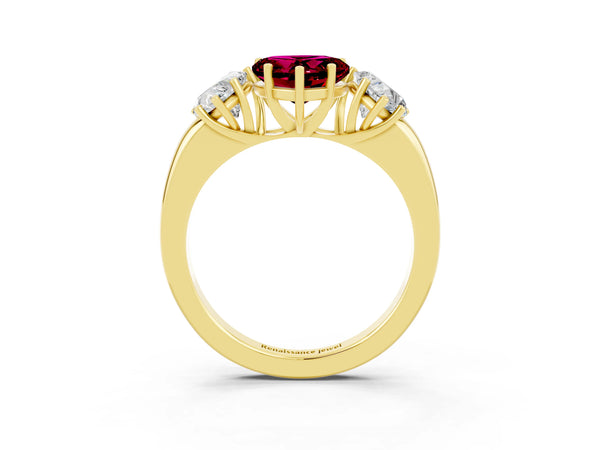 Yellow gold Heart Cut Garnet Three-Stone Ring with Four-Prong Setting and Classic Band