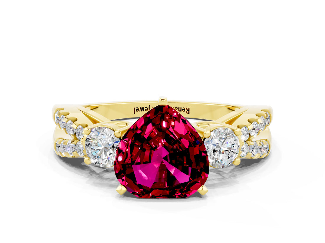 Yellow gold Heart Cut Garnet Three-Stone Ring with Pavé Split Shank and Four-Prong Setting