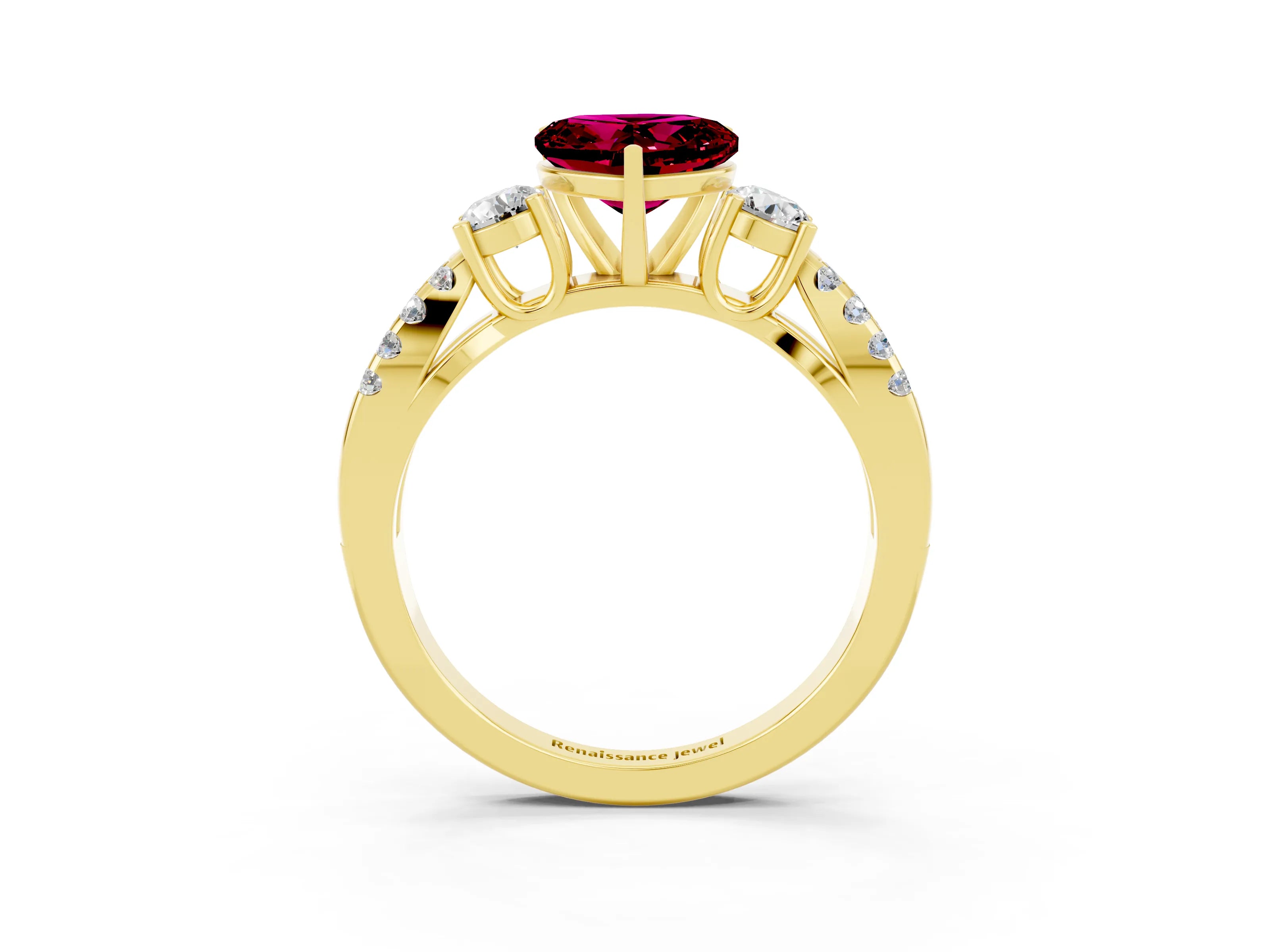 Yellow gold Heart Cut Garnet Three-Stone Ring with Pavé Split Shank and Four-Prong Setting_3