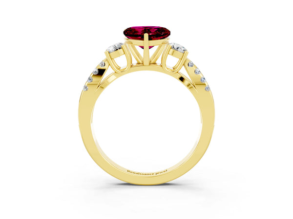 Yellow gold Heart Cut Garnet Three-Stone Ring with Pavé Split Shank and Four-Prong Setting