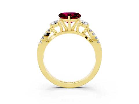 Yellow gold Heart Cut Garnet Three-Stone Ring with Pavé Split Shank and Four-Prong Setting_3