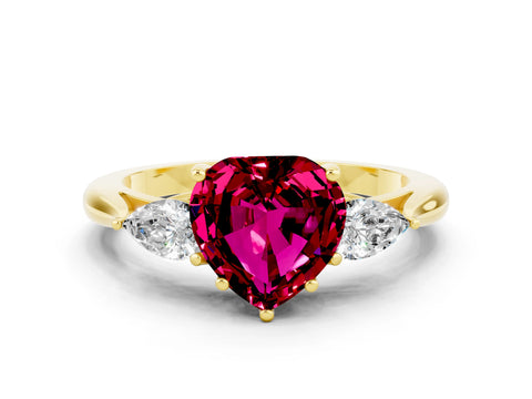 Yellow gold Heart Cut Garnet Three-Stone Ring with Pear Side Stones and Four-Prong Setting_12