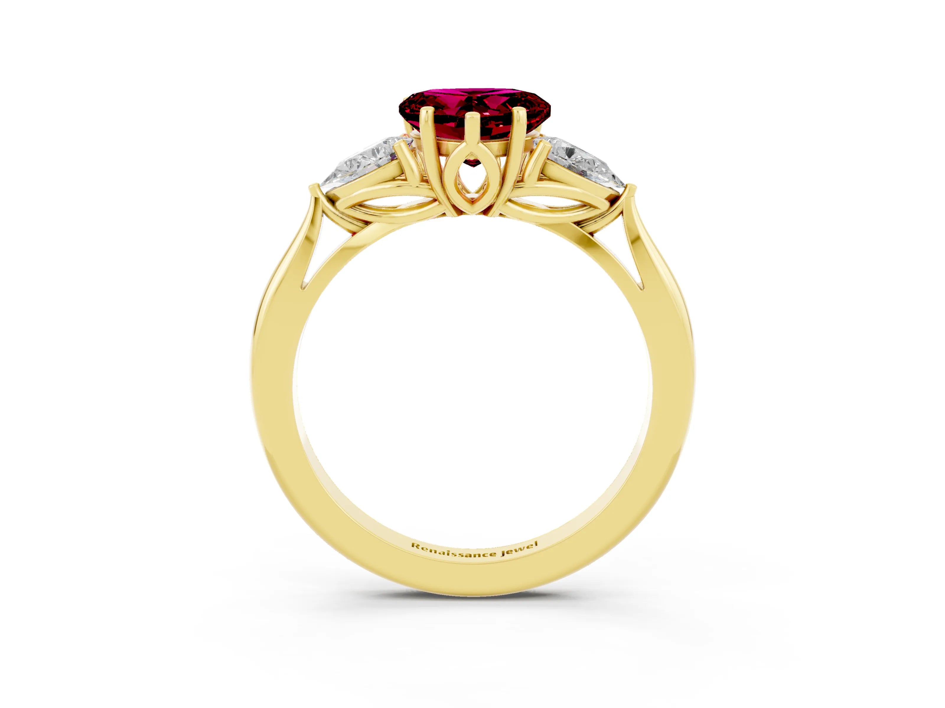 Yellow gold Heart Cut Garnet Three-Stone Ring with Pear Side Stones and Four-Prong Setting_15
