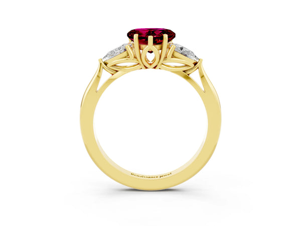 Yellow gold Heart Cut Garnet Three-Stone Ring with Pear  Side Stones and Prong Setting
