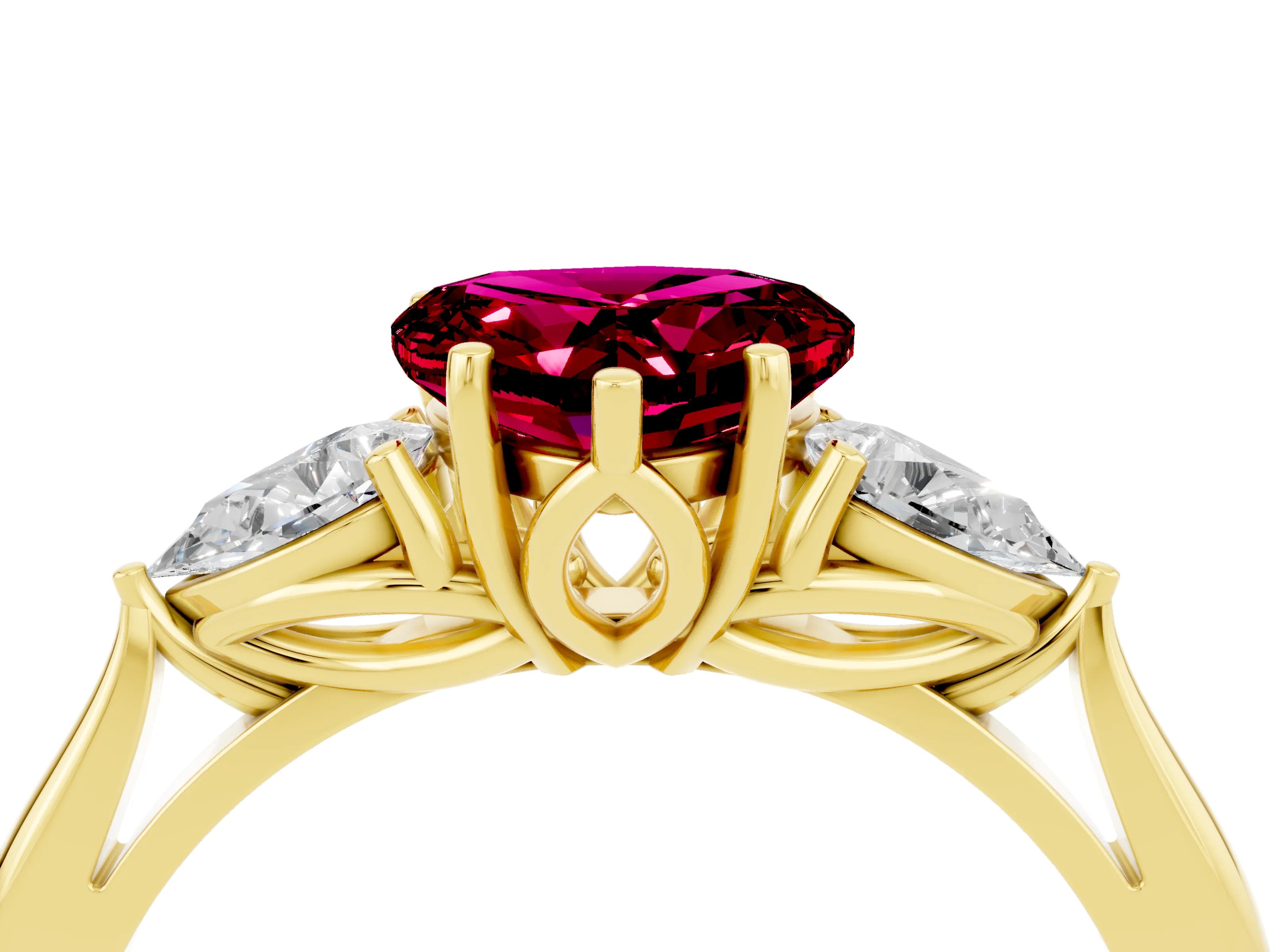 Yellow gold Heart Cut Garnet Three-Stone Ring with Pear Side Stones and Four-Prong Setting_16