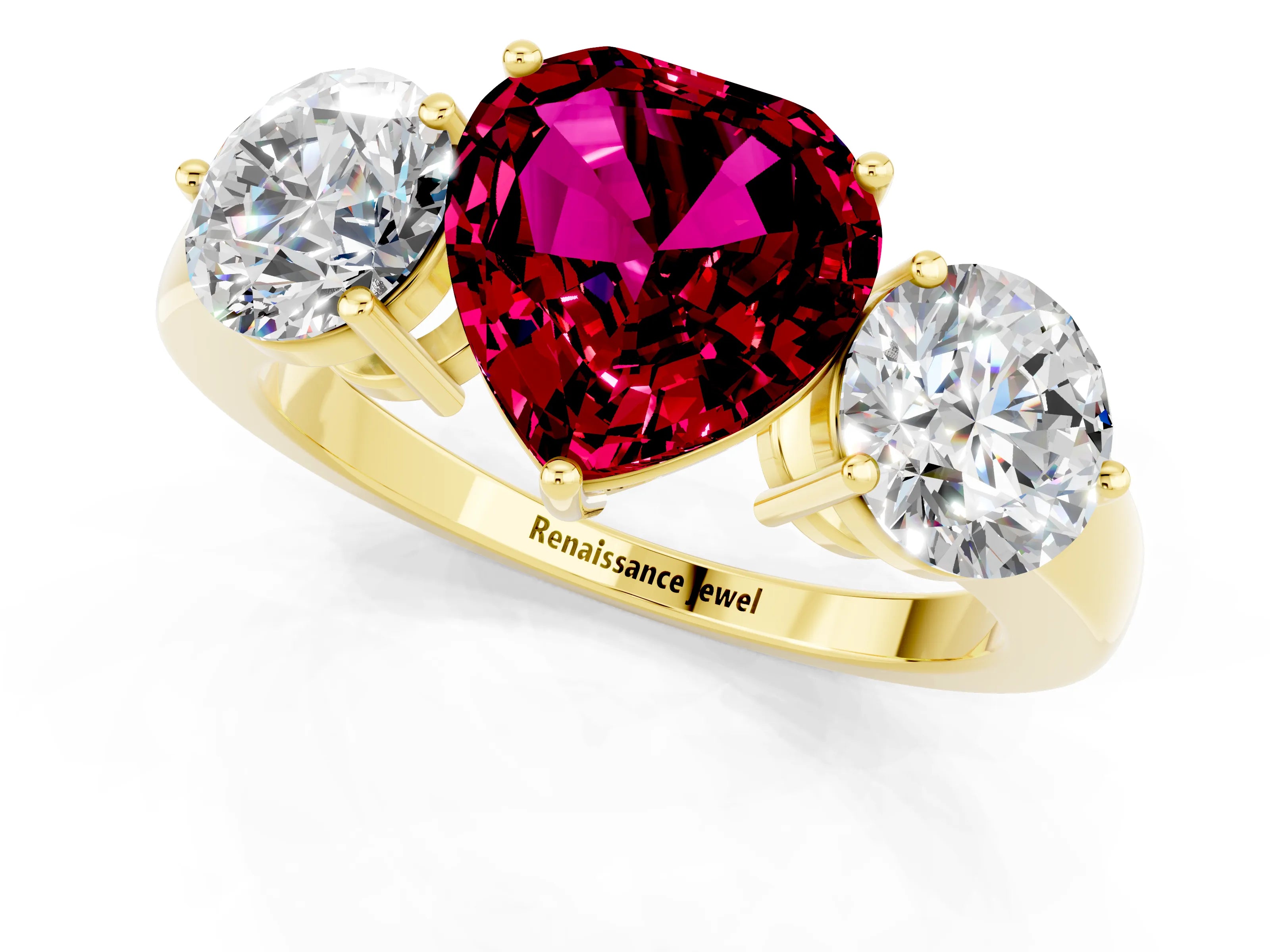 Yellow gold Heart Cut Garnet Three-Stone Ring with Prong Setting and Classic Band_1