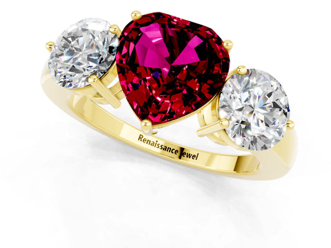 Yellow gold Heart Cut Garnet Three-Stone Ring with Prong Setting and Classic Band_1