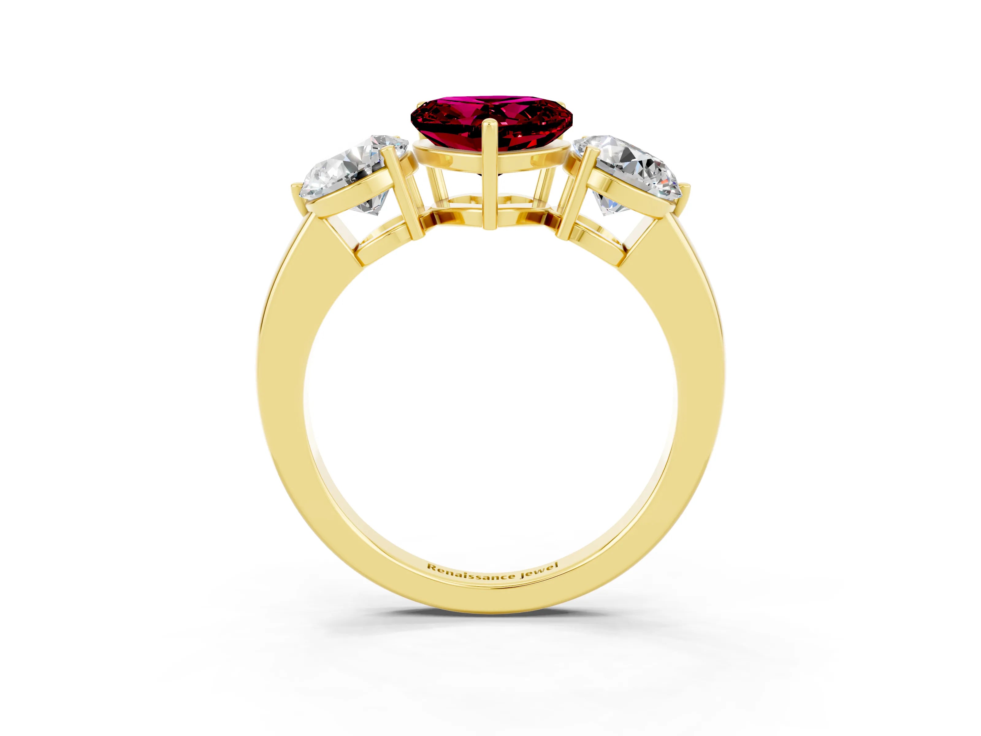 Yellow gold Heart Cut Garnet Three-Stone Ring with Prong Setting and Classic Band_3