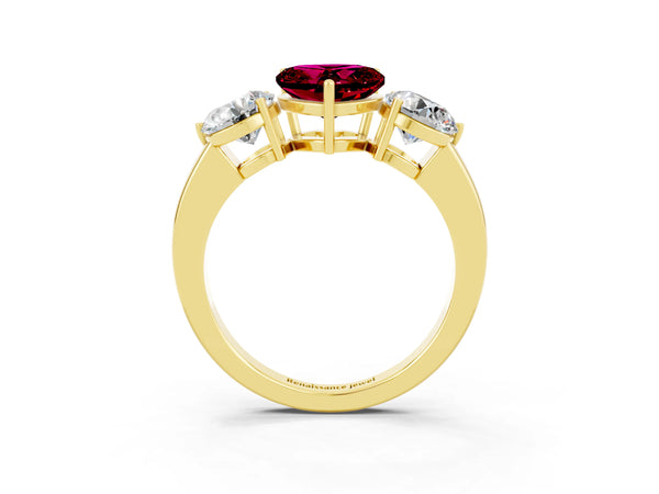 Yellow gold Heart Cut Garnet Three-Stone Ring with Prong Setting and Classic Band
