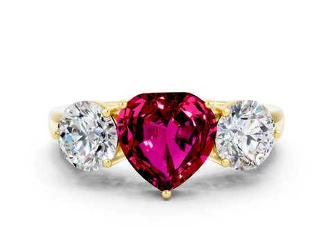 Yellow gold Heart Cut Garnet Three-Stone Ring with Prong Setting and Classic Band